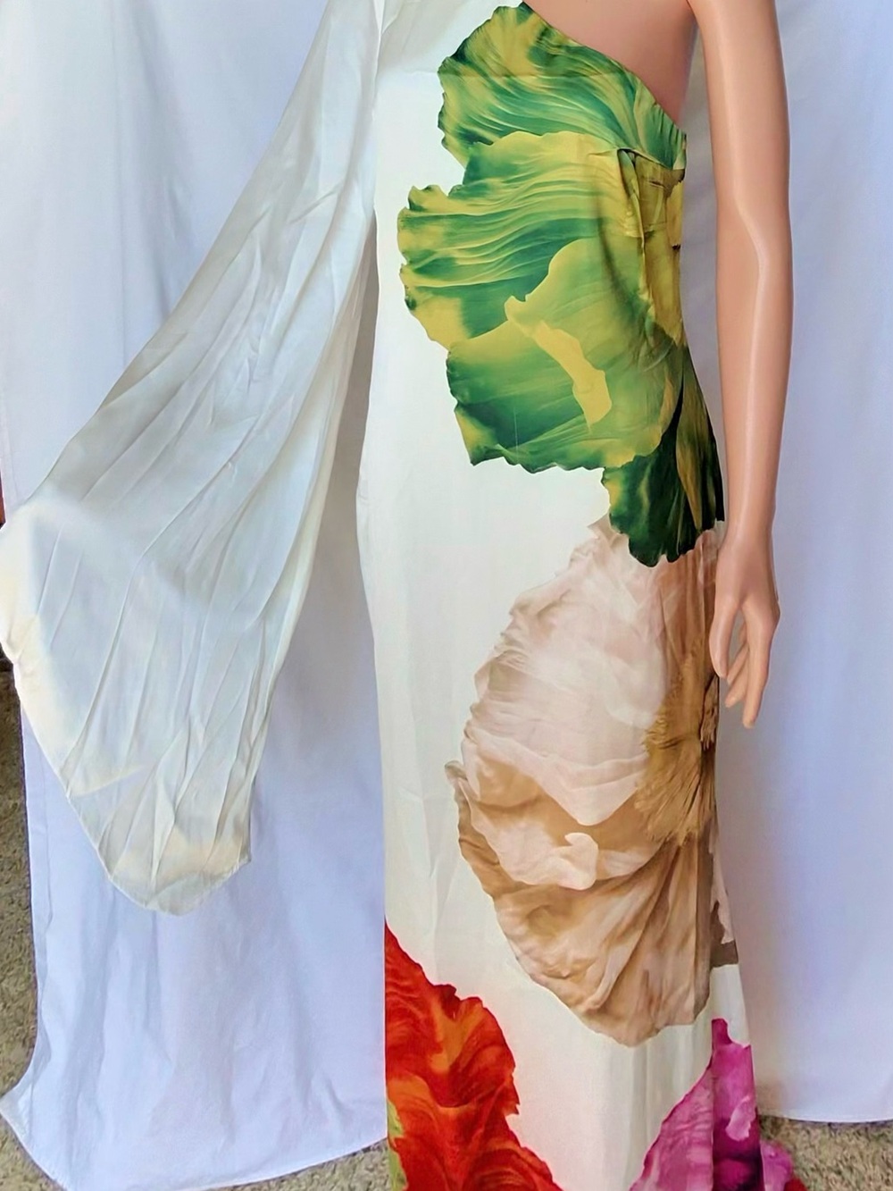 Floral One-Shoulder Maxi Dress in Ivory with Green, Beige & Red Blooms